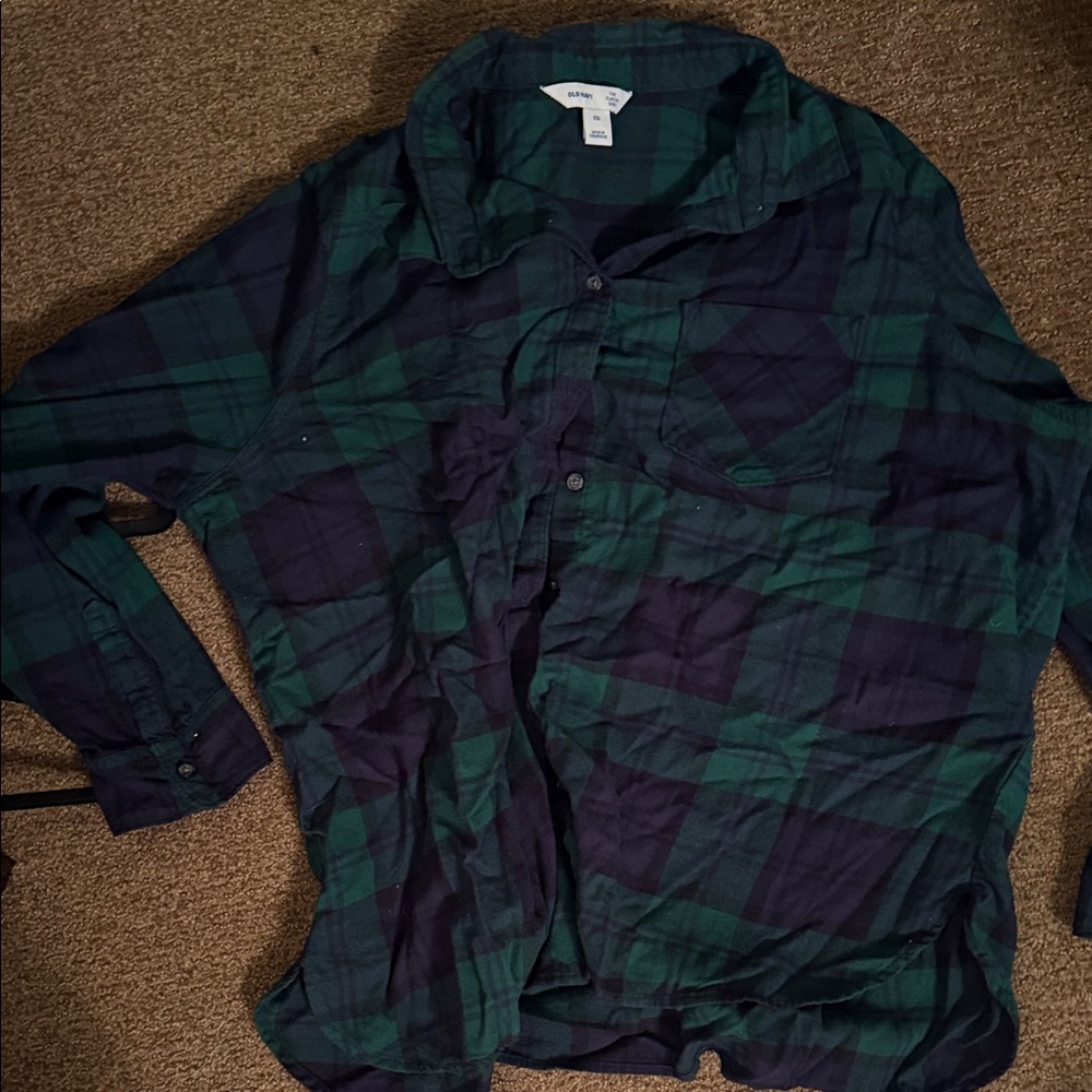 Old Navy Green and Navy Plaid Button-Down Shirt